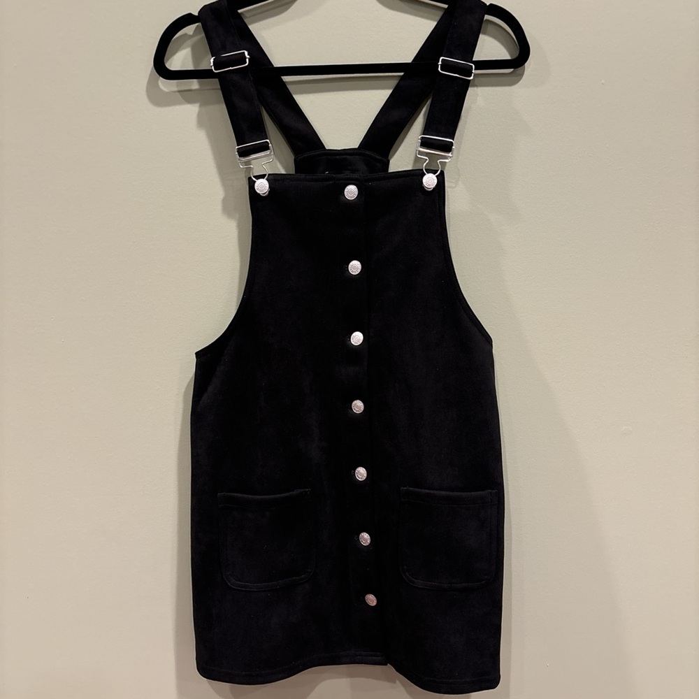 Black suede overall dress with pockets #dresses
